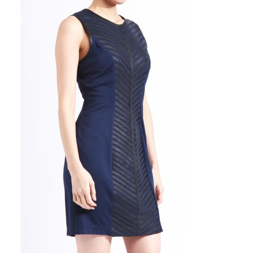 Navy black leather trim shift dress